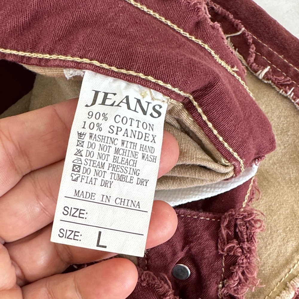 Women’s Patchwork Denim Jeans Wide-Leg Pants in Burgundy, Beige & Ivory size L - Picture 4 of 11
